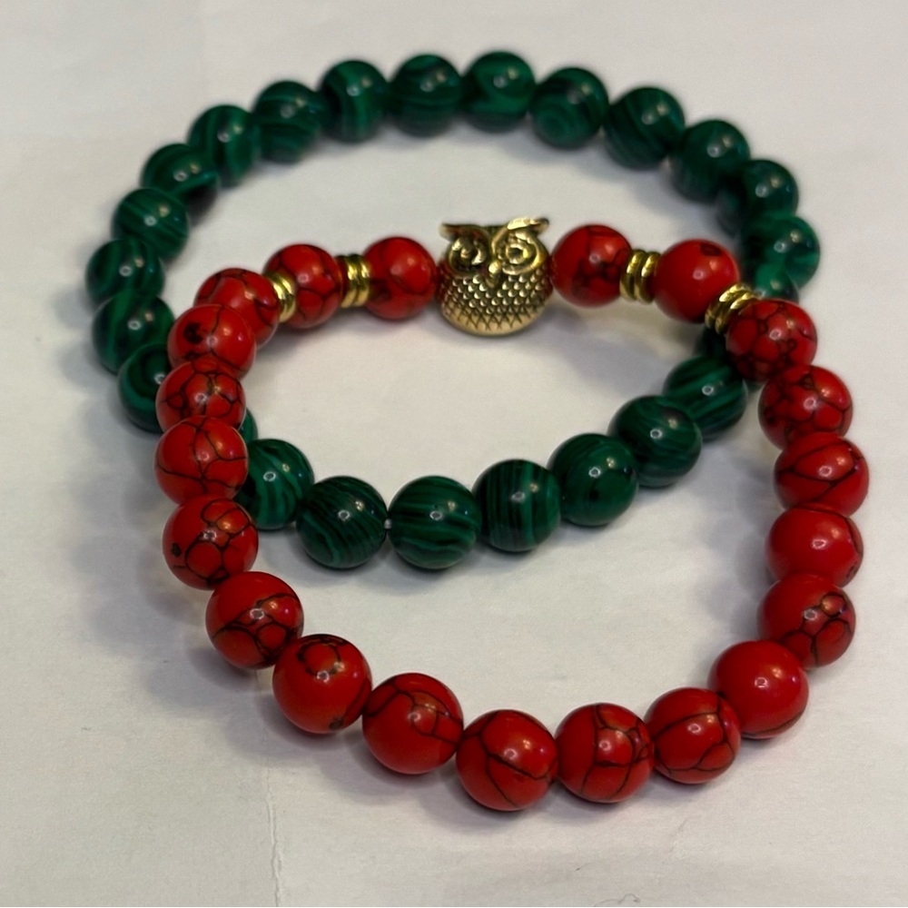 Red and Green Beaded Owl Charm Bracelets